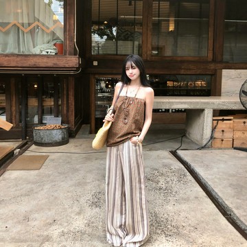 波西米亞風套裝女 薄款透氣抹胸多穿上衣  慵懶風平口上衣女 鬆弛感穿搭 條紋寬鬆直筒褲女 闊腿褲 休閒褲 顯瘦夏天女裝