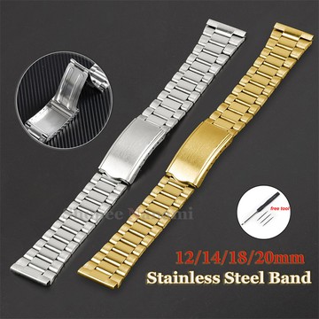 經典 3 珠不銹鋼錶帶 12 毫米 14 毫米 18 毫米 20 毫米通用金屬銀金替換錶帶平端折疊扣手鍊女士男士腕帶低價