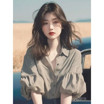 🔥臺灣出貨🔥【5555人收藏】甜辣妹條泡泡袖襯衫女設計感小衆夏季獨特別緻寬鬆絶美半袖上衣