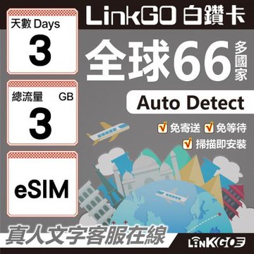 LINKGO白鑽卡 全球66國 eSIM卡 3天上網卡 總流量3GB(全球網卡 亞洲 歐洲 美洲 大洋洲 非洲)