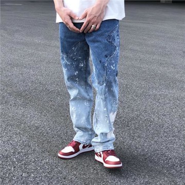 炸！清倉！手工涂鴉美式漸變潑墨牛仔褲做舊水洗高街潮流男長褲