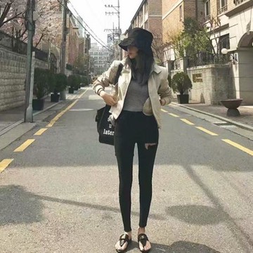 美式性感大腿前后破洞緊身提臀小腳高腰顯瘦鉛筆褲彈力牛仔褲九分