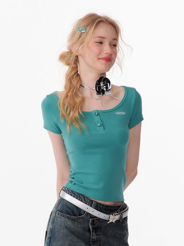 ziziFei夏美式復古純色基礎大U領修身顯瘦正肩上衣簡約短袖T恤女