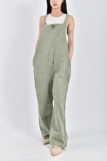 (XL) 高腰質感丹寧牛仔吊帶綠色長褲