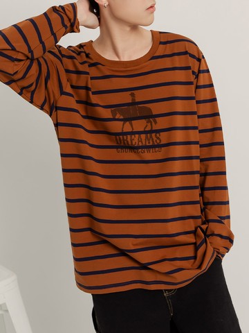 高含棉撞色條紋印花長袖上衣