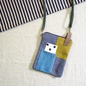 E*group 方塊拼布小物包  水洗帆布 灰藍系  手機包 護照包