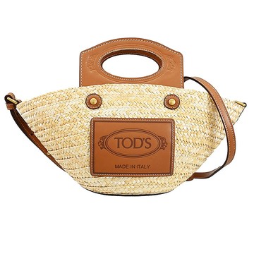 【福利品】TODS 烙印徽章LOGO手提斜背兩用草編包.咖邊