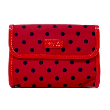 [平輸版]agnes b. 水玉尼龍翻蓋化妝包-紅-黑點/真品平輸