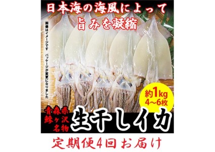 イカ 定期便 4回 青森県産 一本釣りいか 使用 鰺ヶ沢名物 天日生干しイカ セット （1kg以上3枚～5枚入り×4回） いか 干物 するめ スルメ 魚介類 魚介 定期 お楽しみ ※ ご入金確認後 3ヶ月毎の発送になります。