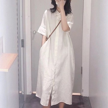 法式小眾別致亞麻白色氣質襯衫連衣裙子女夏季2022新款寬松高級感