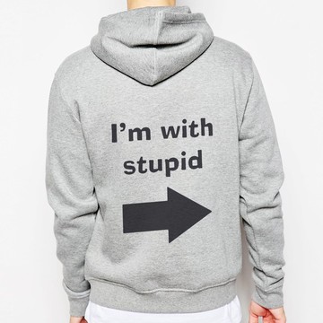 I'M WITH STUPID拉鍊連帽刷毛外套-灰色 我跟笨蛋在一起 文青 藝術 設計 時髦 文字 時尚