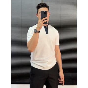 輕熟男士時尚亨利領Polo衫夏季牛仔拼接立領痞帥潮流夏半高領短袖