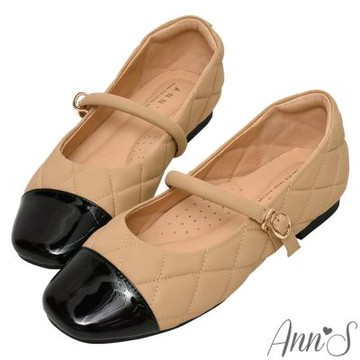 Ann’S貴族千金日常-小羊皮菱格車線平底瑪莉珍娃娃鞋1.5cm-杏