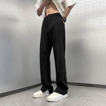 垂感馬吉拉冰絲休閑西褲男夏季寬松小眾設計直筒闊腿微喇開叉褲子