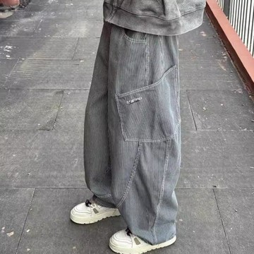 現款免運 彎刀褲 休閒長褲 長褲女美式復古條紋彎刀牛仔褲男女寬鬆闊腿大口袋工裝褲子直筒香蕉長褲E1