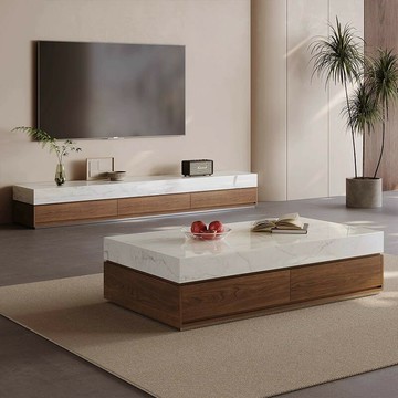電視櫃 免運 附發票 意式輕奢落地式客廳茶幾加電視配套組合大理石面一體高級現代茶幾