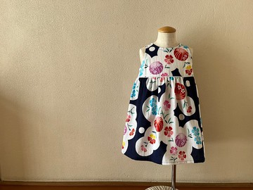 兒童浴衣面料 喇叭連衣裙 中線撫子 海軍藍 80-130 尺寸 定制