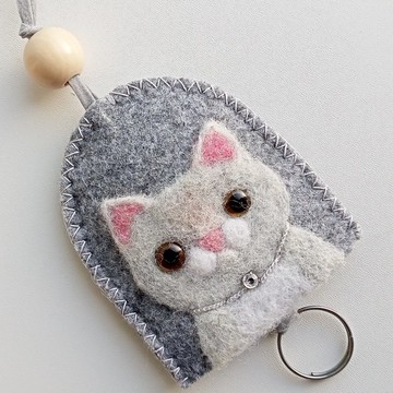 猫肖像毡手工缝制钥匙盒 * 手工针毡小猫 * 钥匙袋