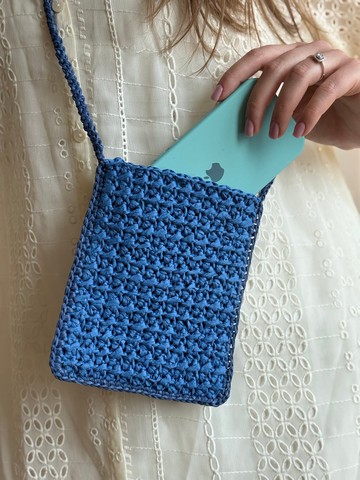 藍色鉤針手機包 拉菲草iPhone袋 迷你夏日斜背禮物包