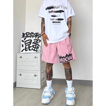 美式籃球短褲男夏季粉色復古高街潮牌痞帥炸街運動五分褲寬松褲子