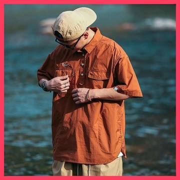 🌈ATC✨🔣 日系復古夏季薄款工裝POLO衫短袖襯衫男戶外運動寬鬆休閒半袖襯衣