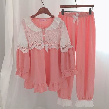 公主風睡衣女春秋季長袖可愛蕾絲邊壓花棉韓版寬松甜美家居服套裝
