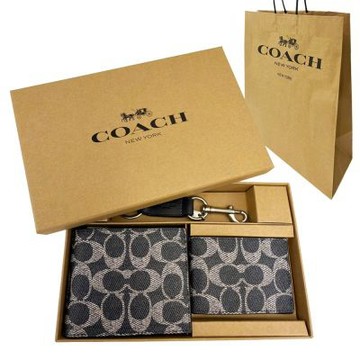 COACH 男款8卡短夾附鑰匙圈活動證件夾禮盒附紙袋(C LOGO-墨藍)