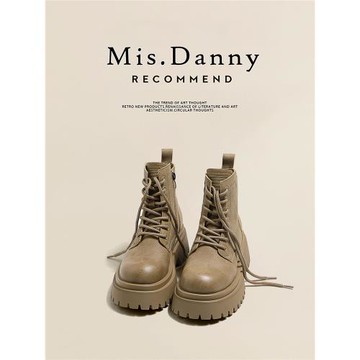 與愛私奔馬丁靴女2025新款真皮增高跟靴子女春季卡其厚底英倫短靴