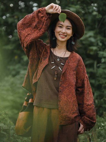 纖筏  亞麻棉提花抽褶宮廷風小短衫 寬鬆襯衫上衣