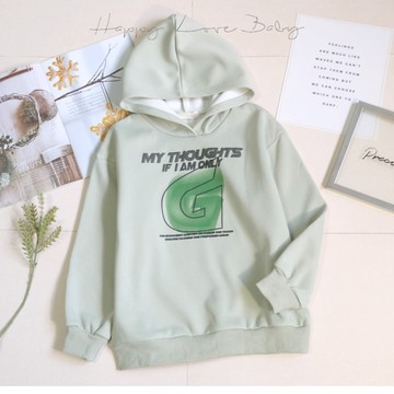 男大童 厚款 美式暈染字母淺綠厚磅寶寶絨連帽上衣 秋冬童裝 大童上衣 大童長袖 男大童長袖 刷毛