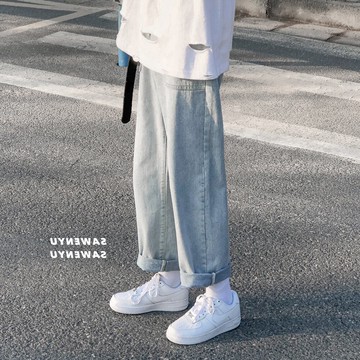 日系復古牛仔褲男長褲韓版寬松潮流學生百搭墜感闊腿少年直筒褲子