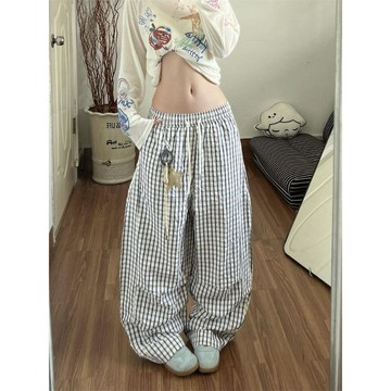 【慵懶感】格子彎刀休閒褲 女 夏季新款 抽繩運動褲 寬鬆 垂感 闊腿 拖地長褲 MY女裝