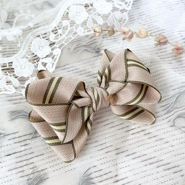 橄欖綠+粉/ 條紋手工多層立體蝴蝶結香蕉夾 鯊魚夾 彈簧夾 髮梳