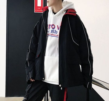 FINDSENSE H1秋季 新款 日本 個性 拼色  時尚 寬鬆 休閒 連帽工裝 立領 夾克外套 潮男上衣外套