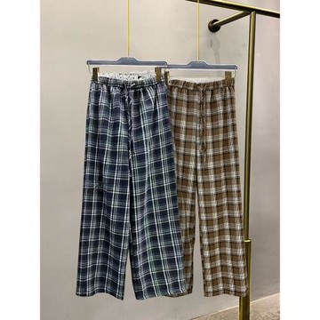 寶寶絨保暖格子闊腿褲女冬季寬松白色蕾絲花邊腰加絨加厚直筒長褲