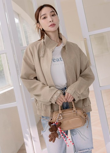 奶茶色立領麂皮外套