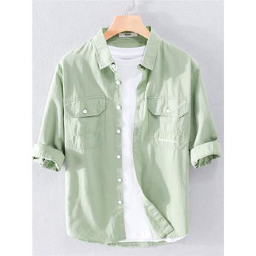 夏季多口袋五分袖工裝襯衫男短袖寬松韓版潮流男士中袖襯衣純棉潮