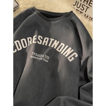 麂皮絨圓領衛衣男春秋款美式復古長袖t恤2025新款休閑內搭打底衫