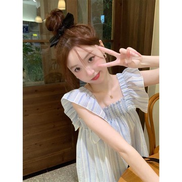 【PING'S🌞】韓版 夏季 新款 辣妹 減齡 氣質 條紋 方領 飛飛袖 洋氣 襯衫 小飛袖 上衣 女