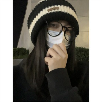 大頭圍毛線帽條紋顯臉小冷帽潮秋冬帽子堆堆帽日系休閑情侶針織帽