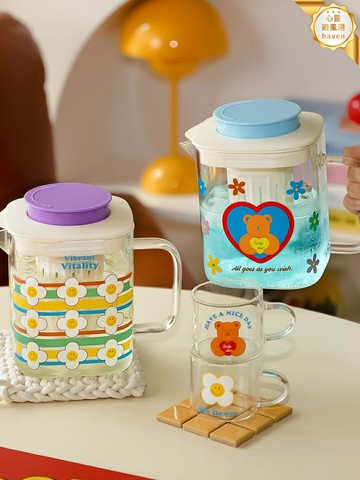 【高溫耐熱】玻璃冷水壺 涼水壺 冷水杯 泡茶壺 花茶壺 水杯 進口玻璃 彩虹花紋 茶水分離 大容量帶蓋 家用辦公室