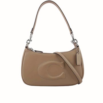 COACH Teri 銀釦縫線標誌平滑皮革二用包(奶茶色)