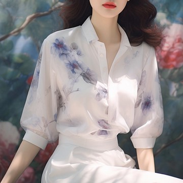 【Paiya派亞】新中式女裝中國風藍色印花短袖襯衫雪紡衫上衣(S-2XL)