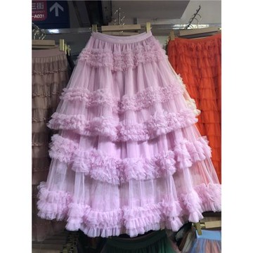 韓國高端重工花邊蛋糕紗裙長裙子 甜美風高腰A字木耳邊網紗半身裙