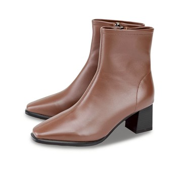 GREEN PINE時尚方頭粗跟拉鍊襪靴 咖色 (00326611)