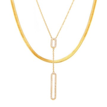 宏雲Hongyun- Xyx-高品質不掉色-飾品鏤空長方形鑲鋯石雙層鎖骨項鍊鈦鋼鍍18k金項飾