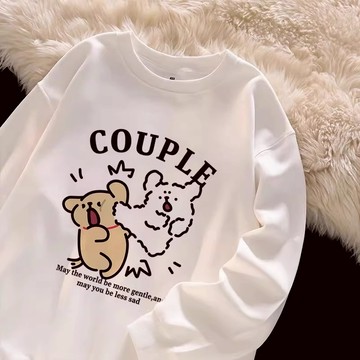 性價比王牌！ 大學t長袖 韓系衣服女 趣萌打斗小狗印花 圓領衛衣 女裝長袖 純棉大學踢 白色衛衣 正韓 寬鬆長袖 長版t
