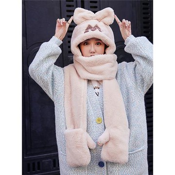 韓版連體帽子女冬季圍巾手套一體三件套可愛加厚保暖騎行防寒親子