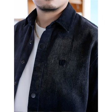 韋恩澤維爾加大寬松大碼男裝秋冬翻領漸變洗水繡花長袖襯衫9131