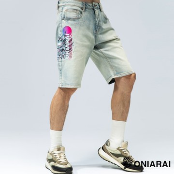 鬼洗 BLUE WAY – 大理石紋鬼頭繡花丹寧短褲